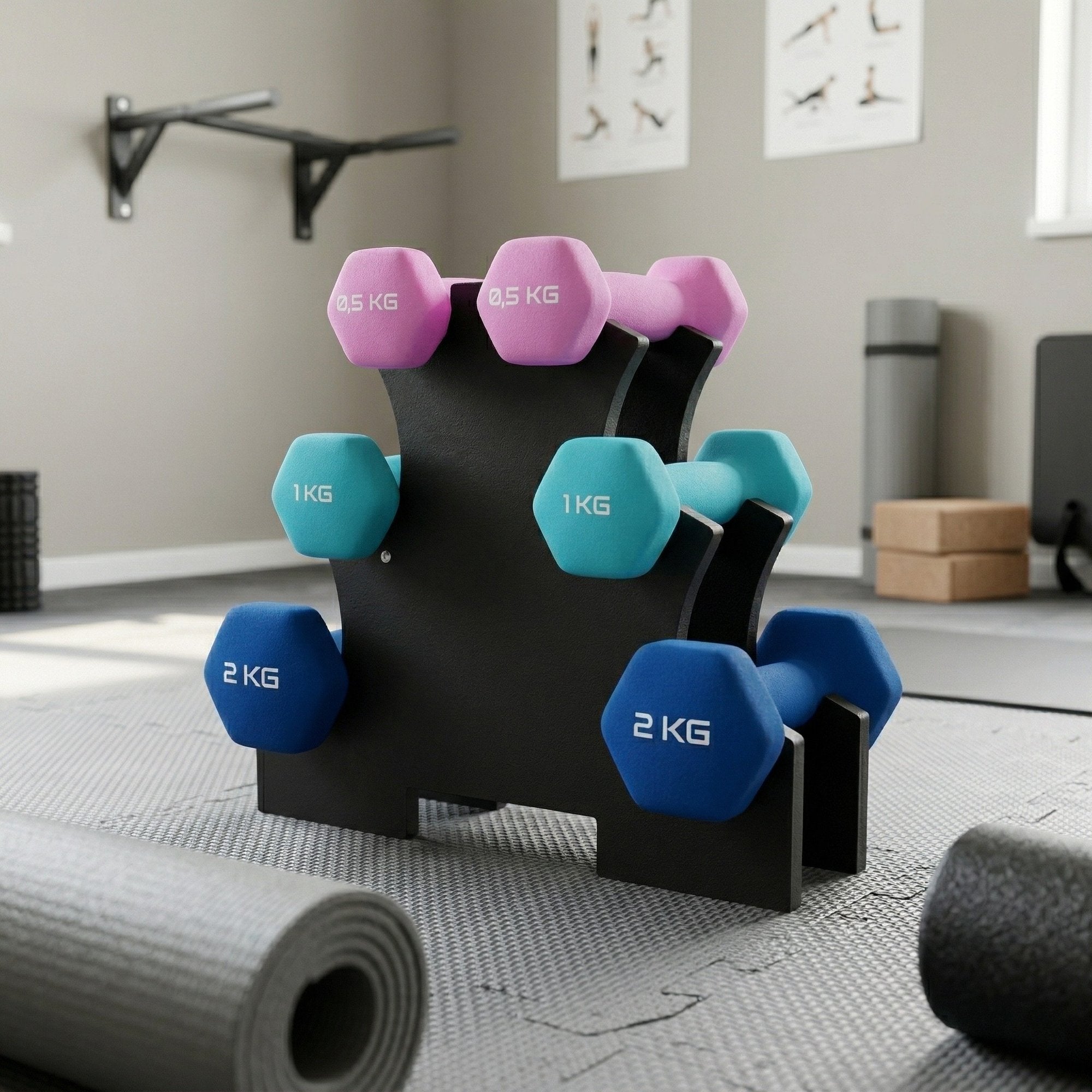 Set Gantere Fitness 7 kg cu Suport – 6 Greutati din Fonta si Neopren/PVC