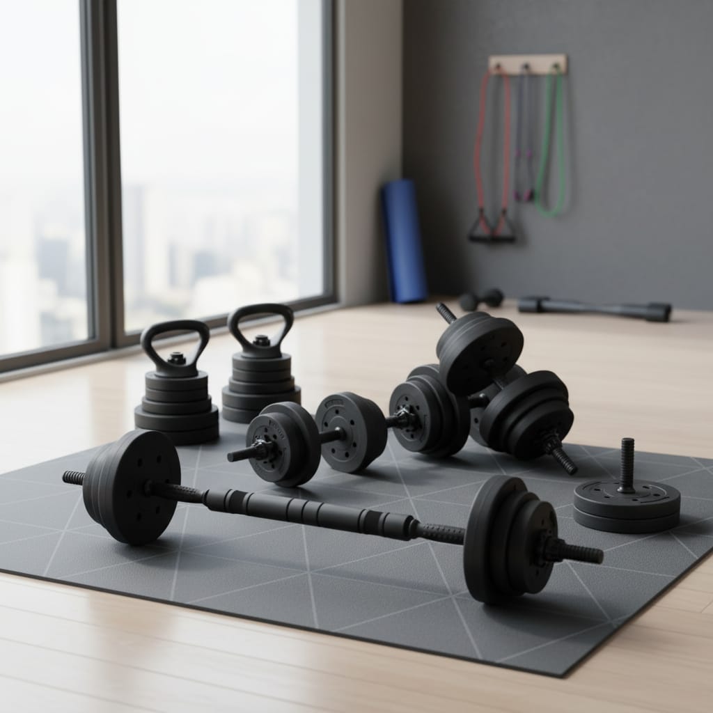 Set Greutati Multifunctionale 19 kg - Gantere, Haltera, Kettlebell, Metal, Maner Antiderapant