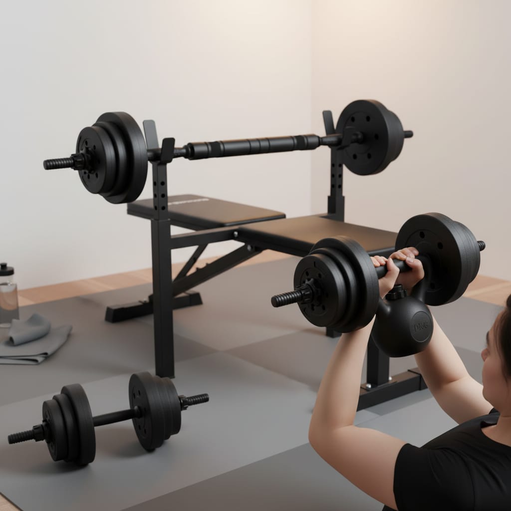 Set Greutati Multifunctionale 19 kg - Gantere, Haltera, Kettlebell, Metal, Maner Antiderapant