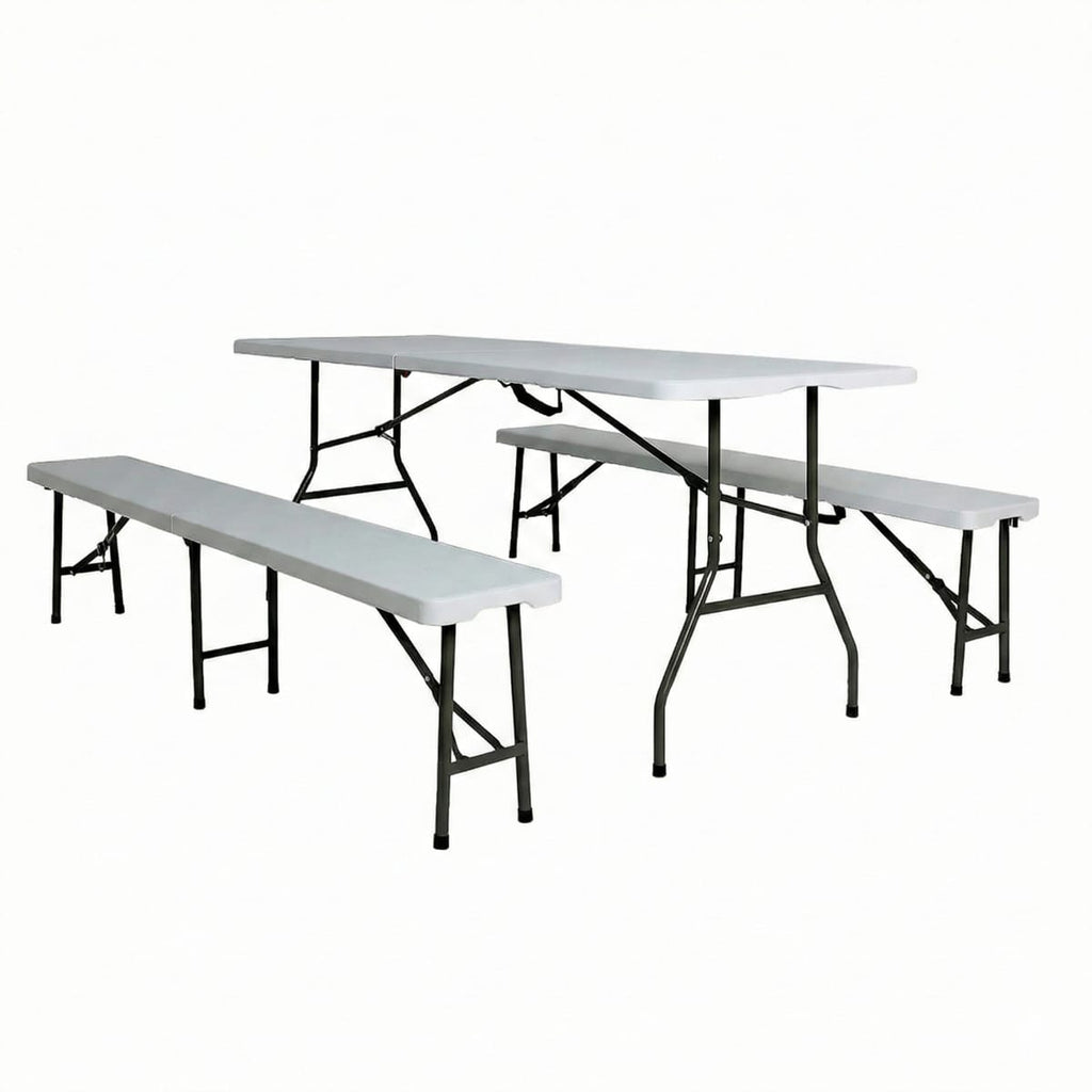 Set masa pliabila 4 persoane din otel cu HDPE + doua banci pliabile pentru gradina, camping
