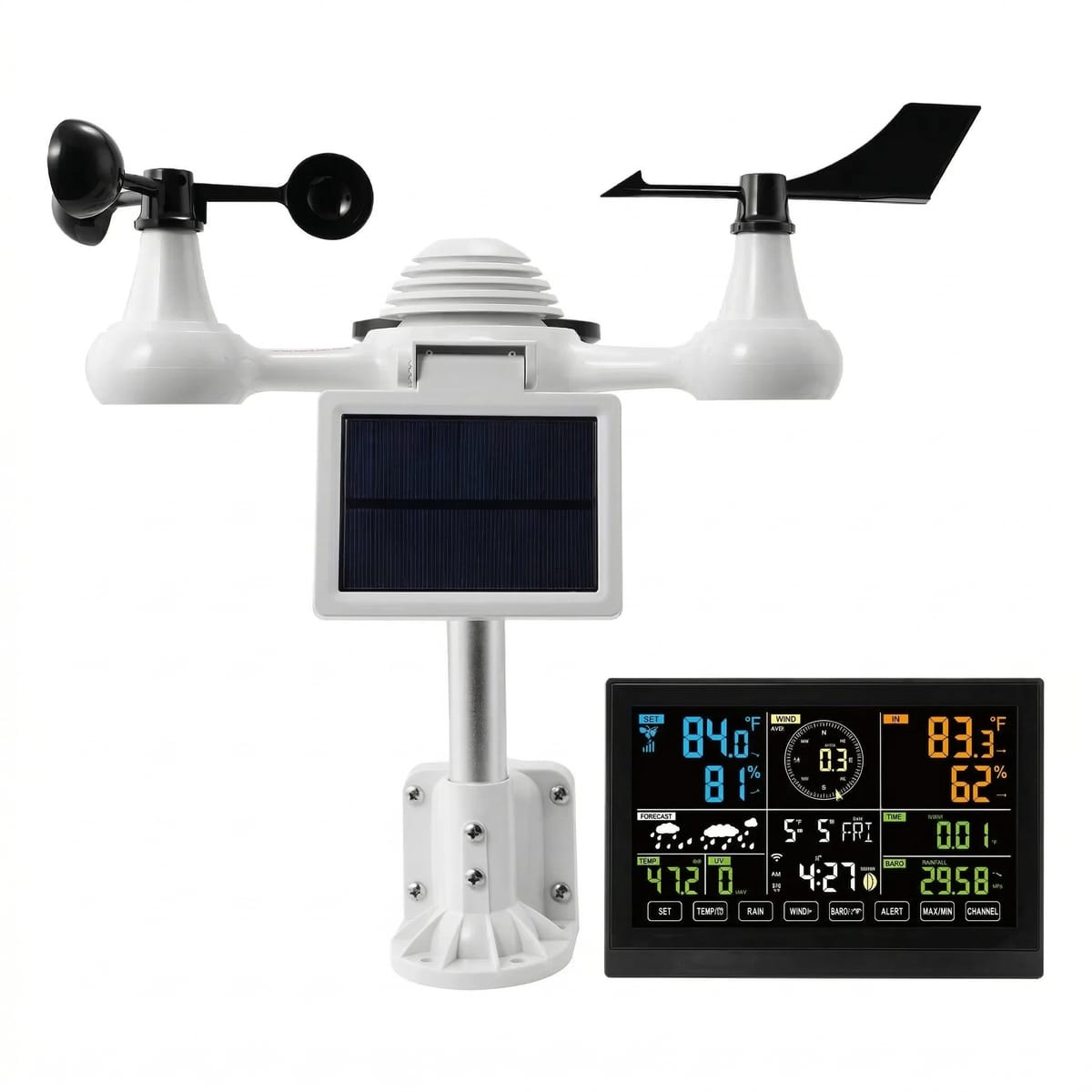 Statie Meteo Wi-Fi 7-în-1 cu Senzor Solar – Ecran Color 19 cm, Monitorizare Aplicatie