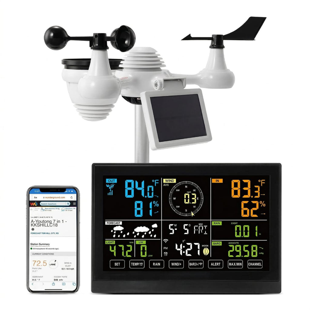 Statie Meteo Wi-Fi 7-în-1 cu Senzor Solar – Ecran Color 19 cm, Monitorizare Aplicatie