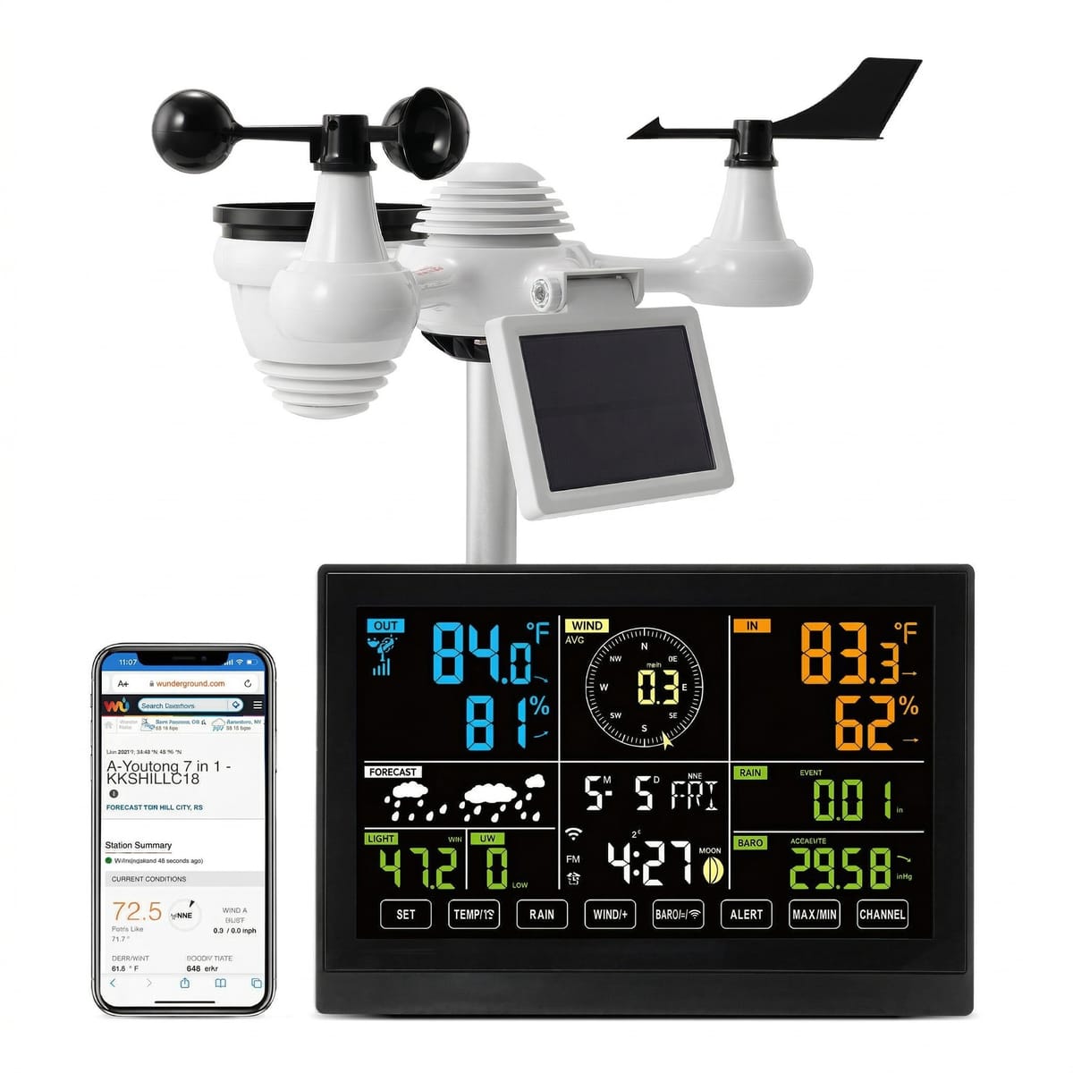 Statie Meteo Wi-Fi 7-în-1 cu Senzor Solar – Ecran Color 19 cm, Monitorizare Aplicatie