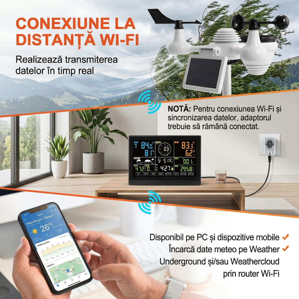 Statie Meteo Wi-Fi 7-în-1 cu Senzor Solar – Ecran Color 19 cm, Monitorizare Aplicatie