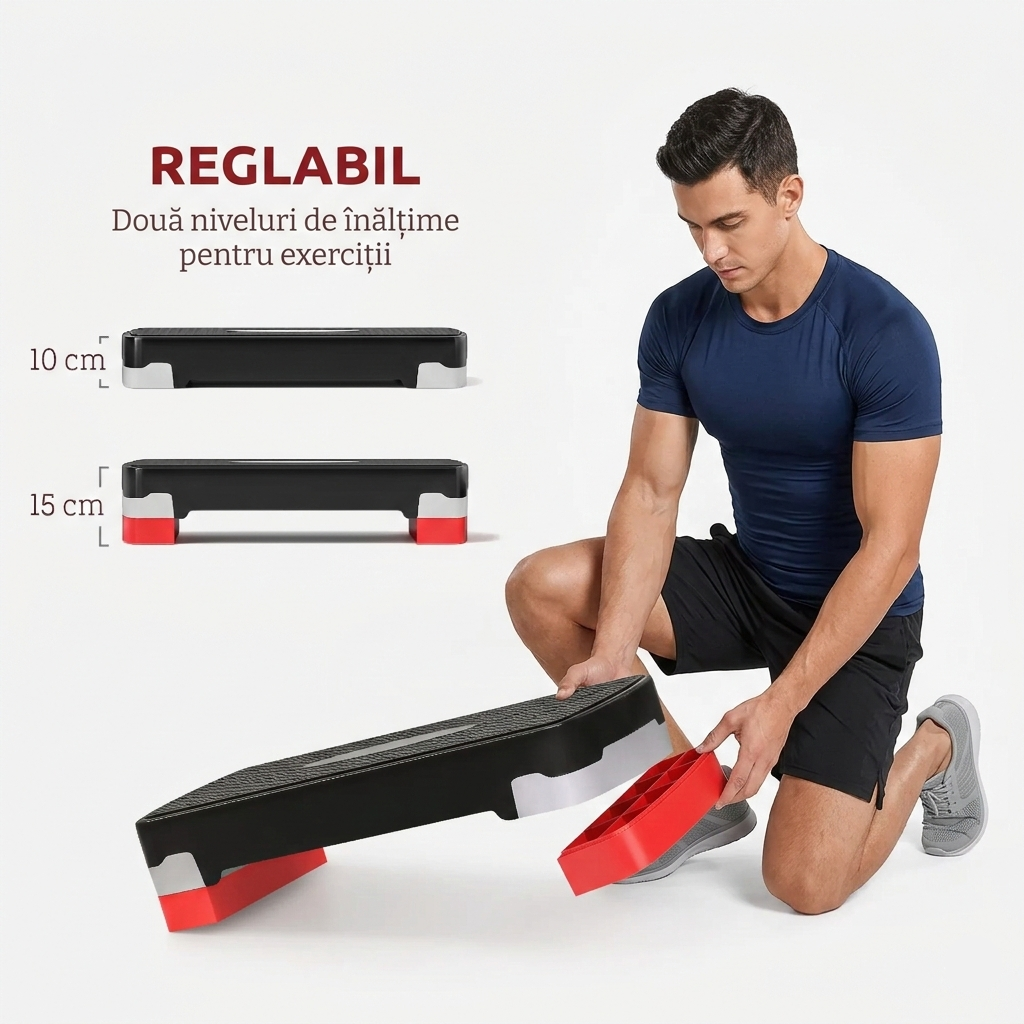 Stepper Fitness pentru Aerobic Negru-Rosu, Reglabil pe 2 Inaltimi (10-15 cm)