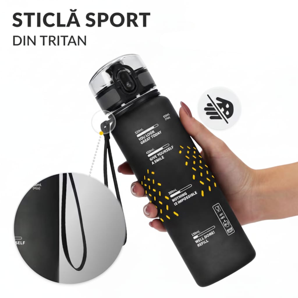 Sticlă de Apă 650 ml Tritan - Rezistentă la Șocuri, Ideală pentru Fitness