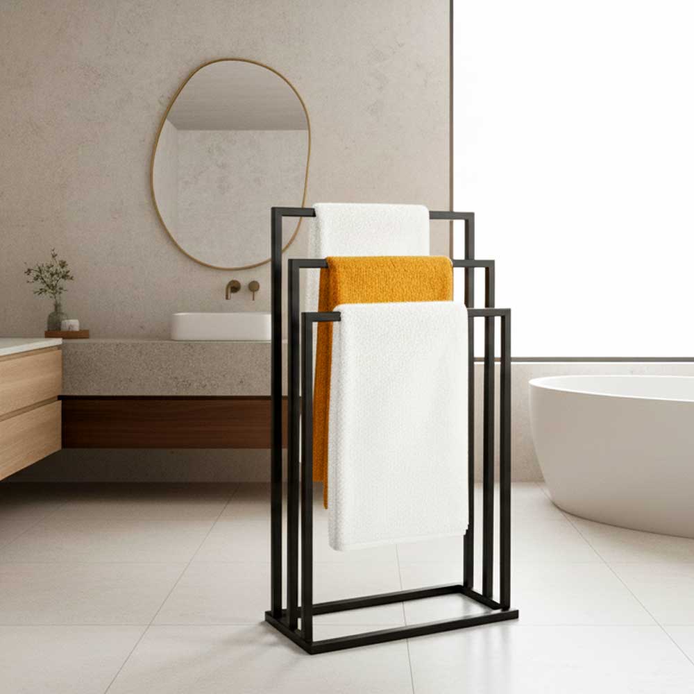Suport pentru prosoape din metal, negru, cu 3 bare, stabil si elegant