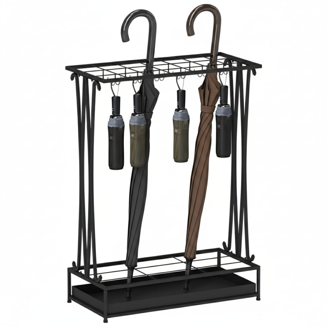 Suport umbrele metalic, 21 sloturi, 24 cârlige, negru, 50x24x68 cm
