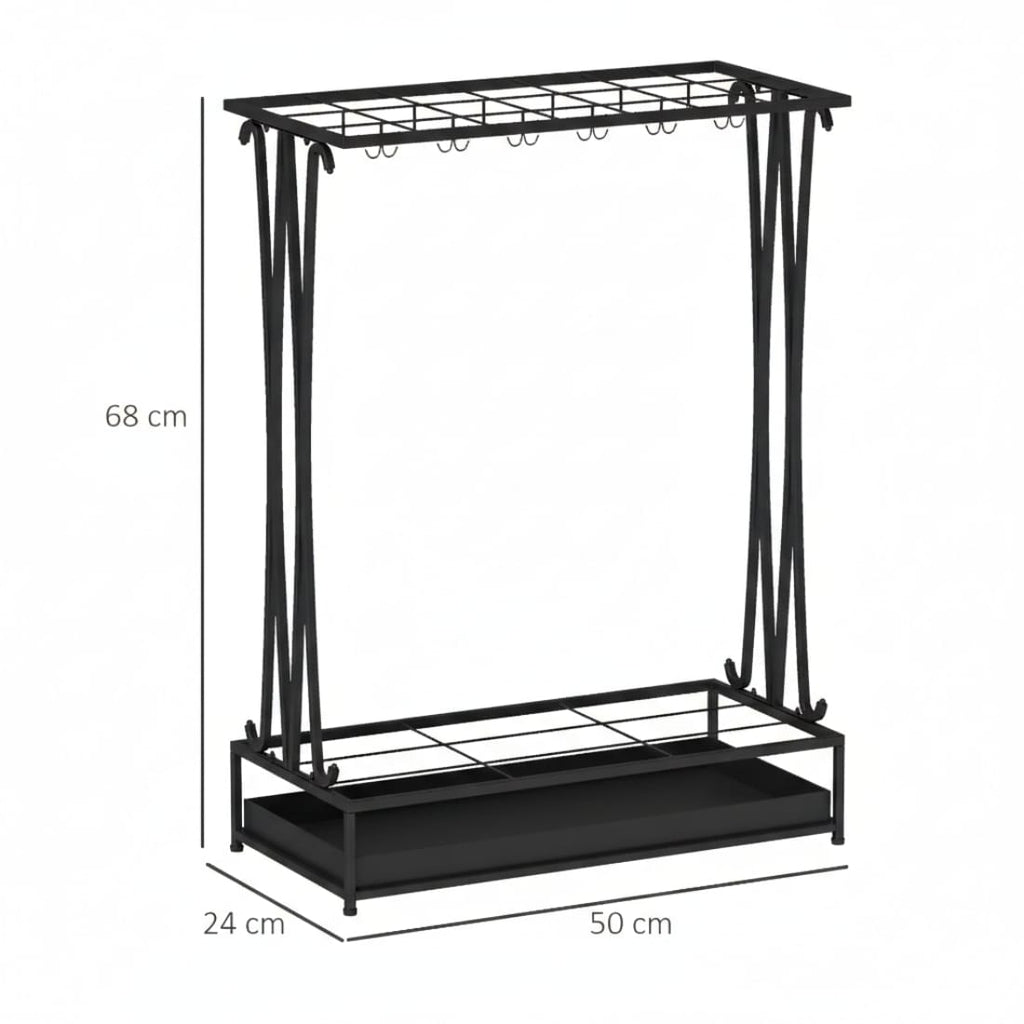 Suport umbrele metalic, 21 sloturi, 24 cârlige, negru, 50x24x68 cm