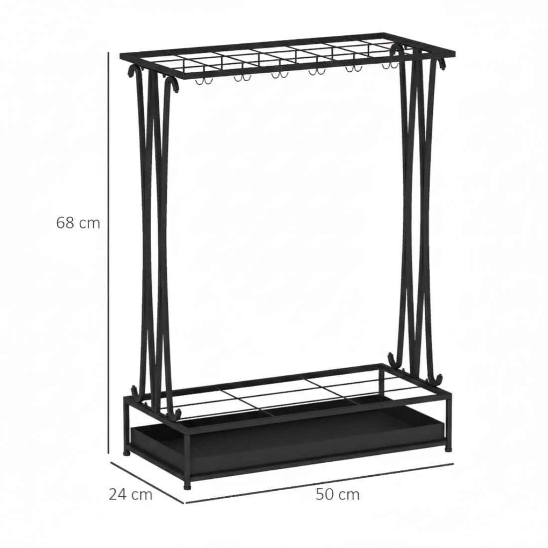 Suport umbrele metalic, 21 sloturi, 24 cârlige, negru, 50x24x68 cm