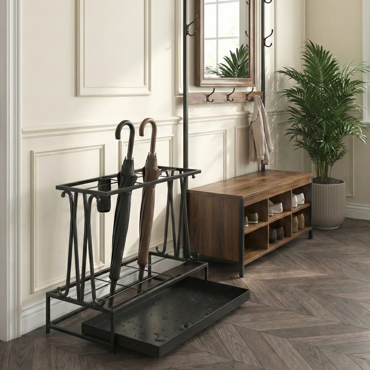 Suport umbrele metalic, 21 sloturi, 24 cârlige, negru, 50x24x68 cm
