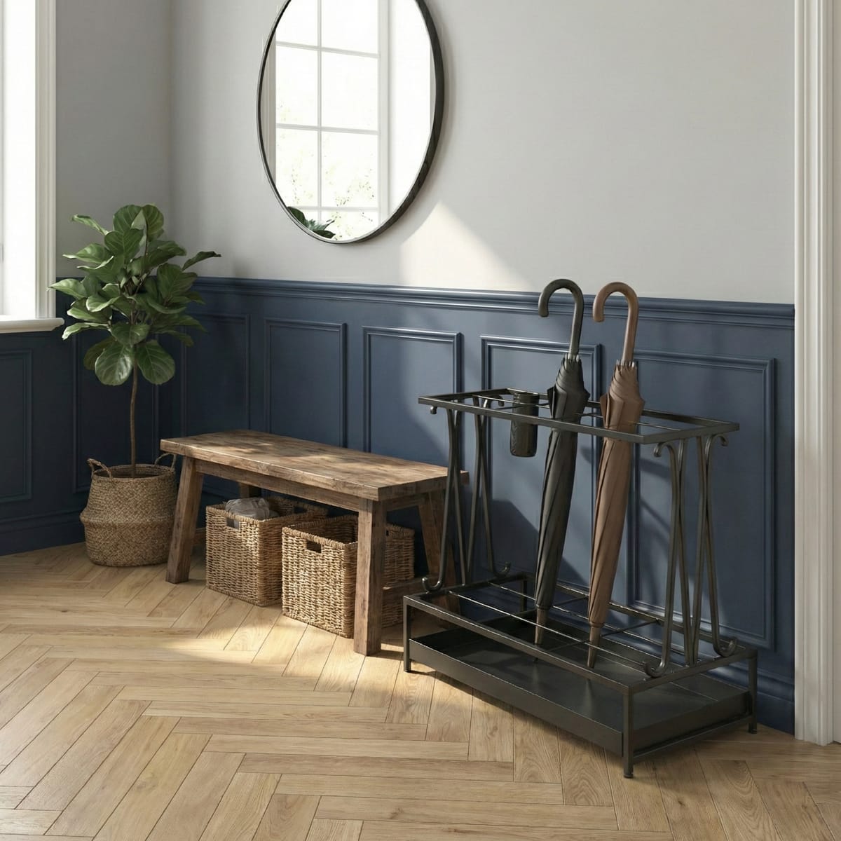 Suport umbrele metalic, 21 sloturi, 24 cârlige, negru, 50x24x68 cm