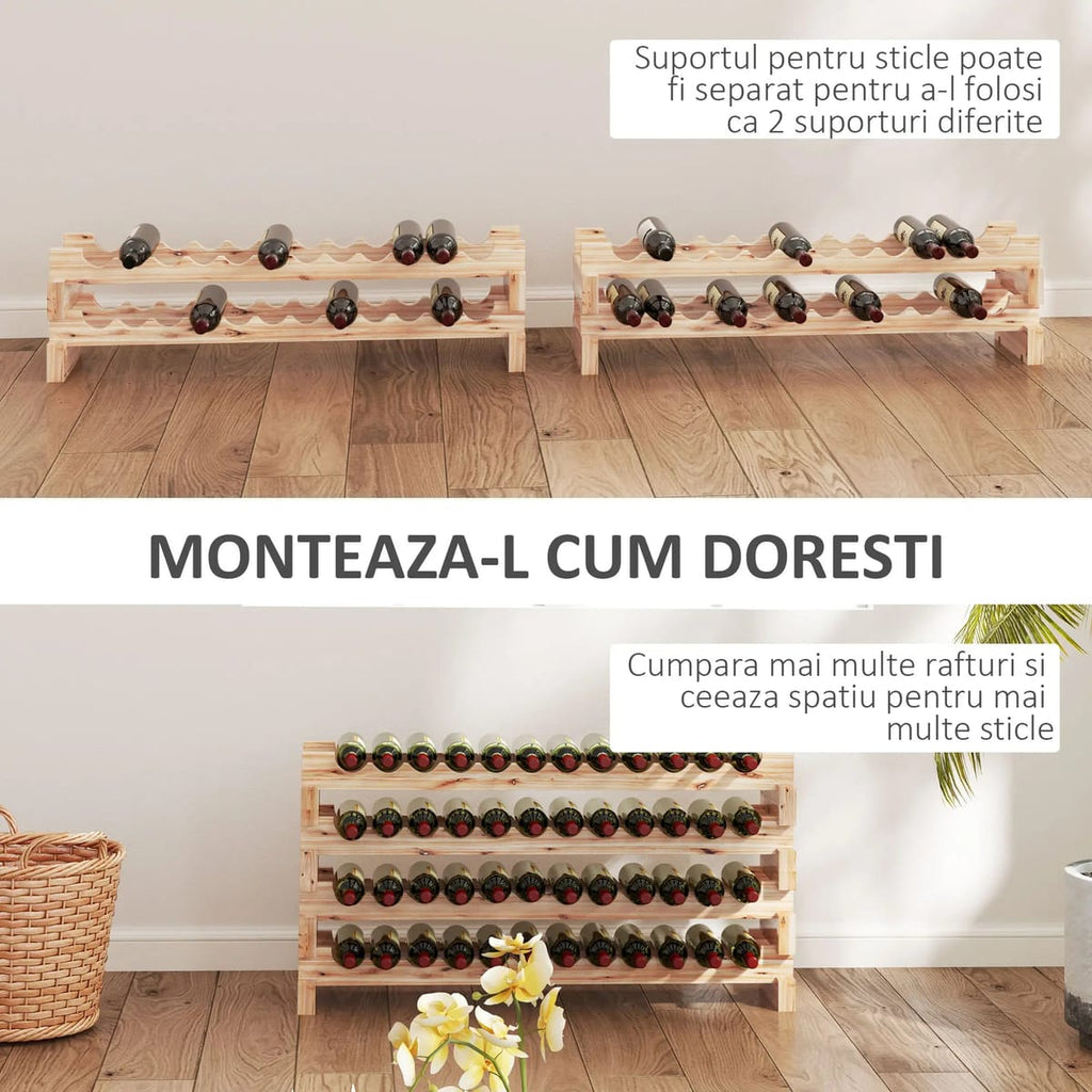 Suport Vinuri 4 Rafturi Lemn Brad Rustic, Design Modular Stabil