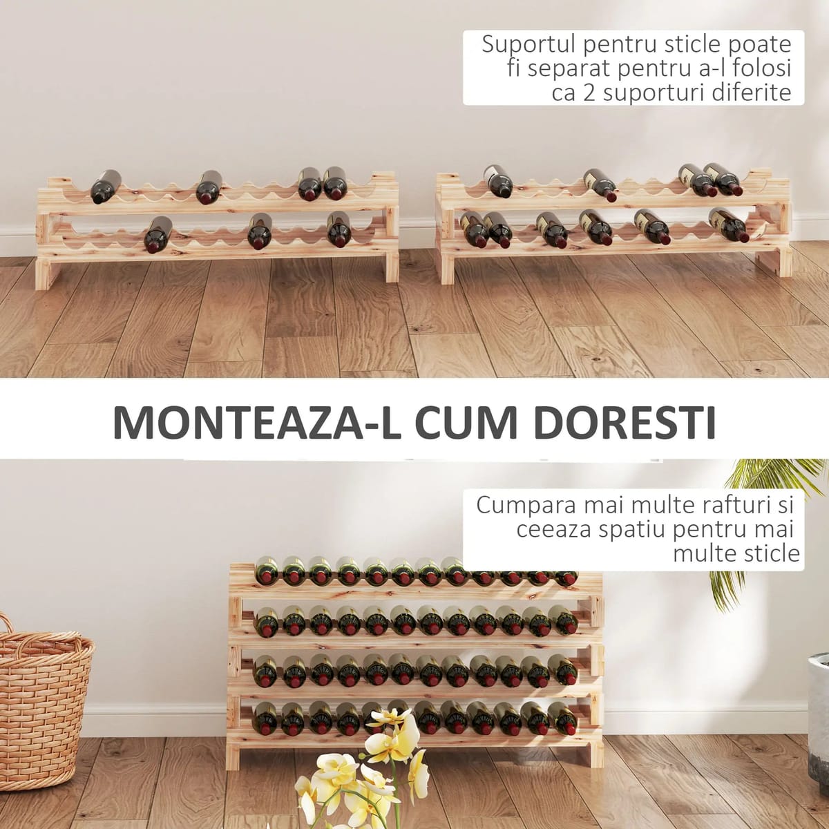 Suport Vinuri 4 Rafturi Lemn Brad Rustic, Design Modular Stabil