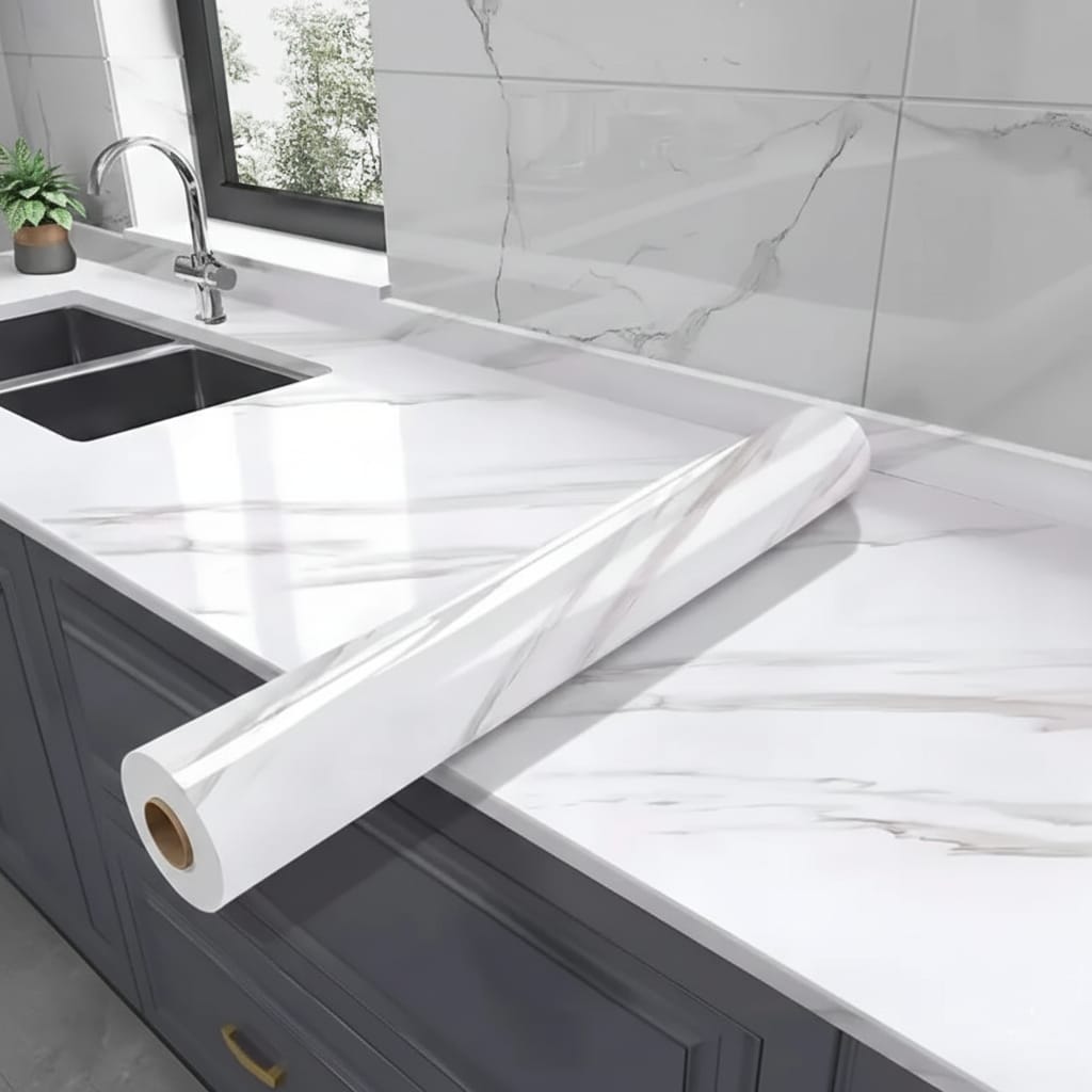 Tapet autoadeziv premium cu model marmura pentru blaturi, mobilier si bucatarie, hartie tapet alba