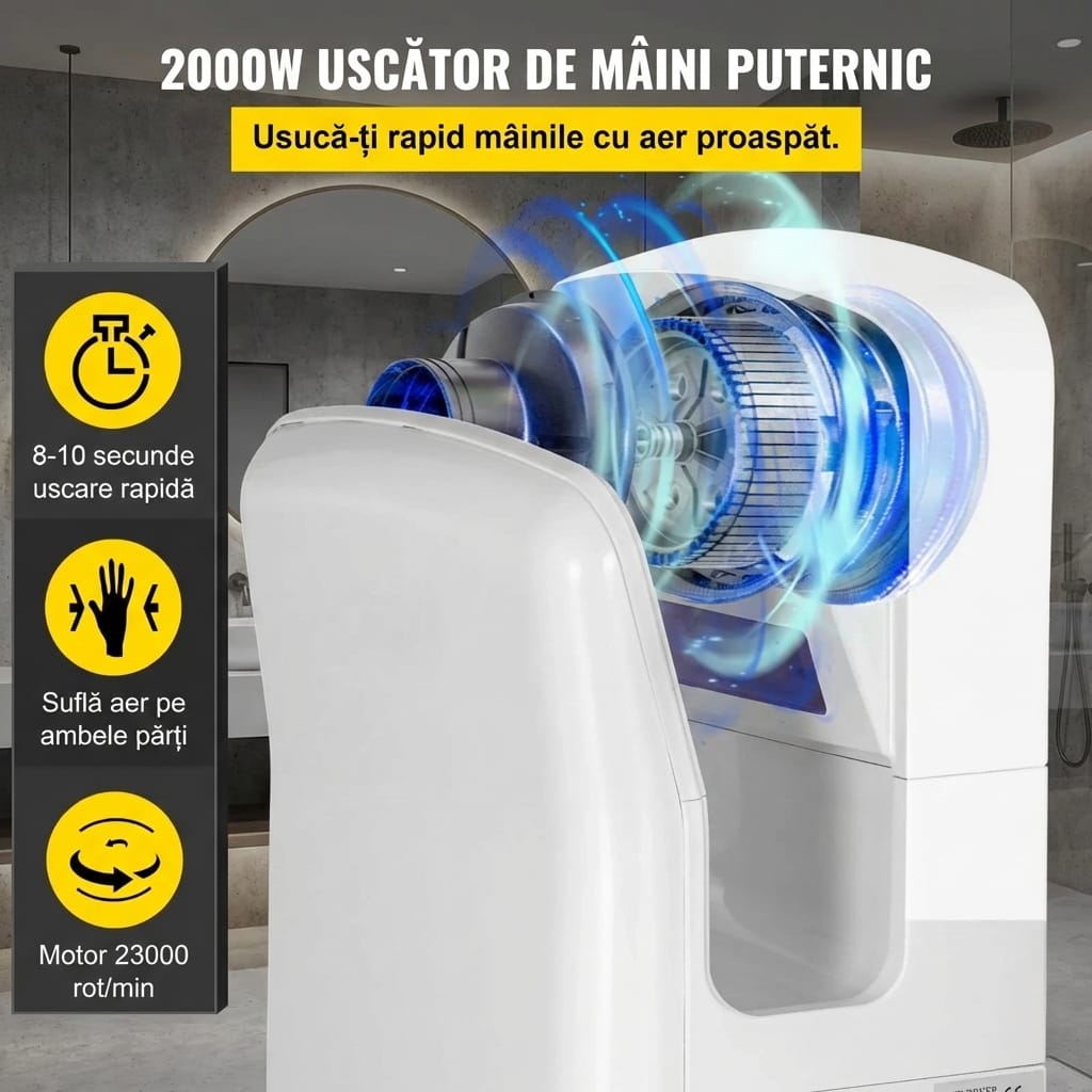 Uscator de Maini Electric Comercial Vertical 73x35.5x28, 2000W, Filtru HEPA, ABS, Alb, Jet Rapid